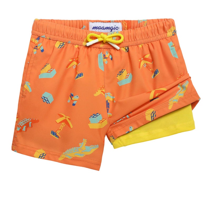 maamgic Boys Swim Trunks with Compression Liner Toddler Stretch Swim Shorts Quick Dry Swimming Trunks Boxer Brief 2 in 1 Beach Shorts Orange Blocks 10/12 - Image 1