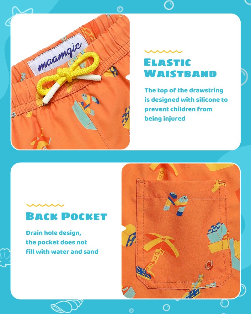 maamgic Boys Swim Trunks with Compression Liner Toddler Stretch Swim Shorts Quick Dry Swimming Trunks Boxer Brief 2 in 1 Beach Shorts Orange Blocks 10/12 - Image 4