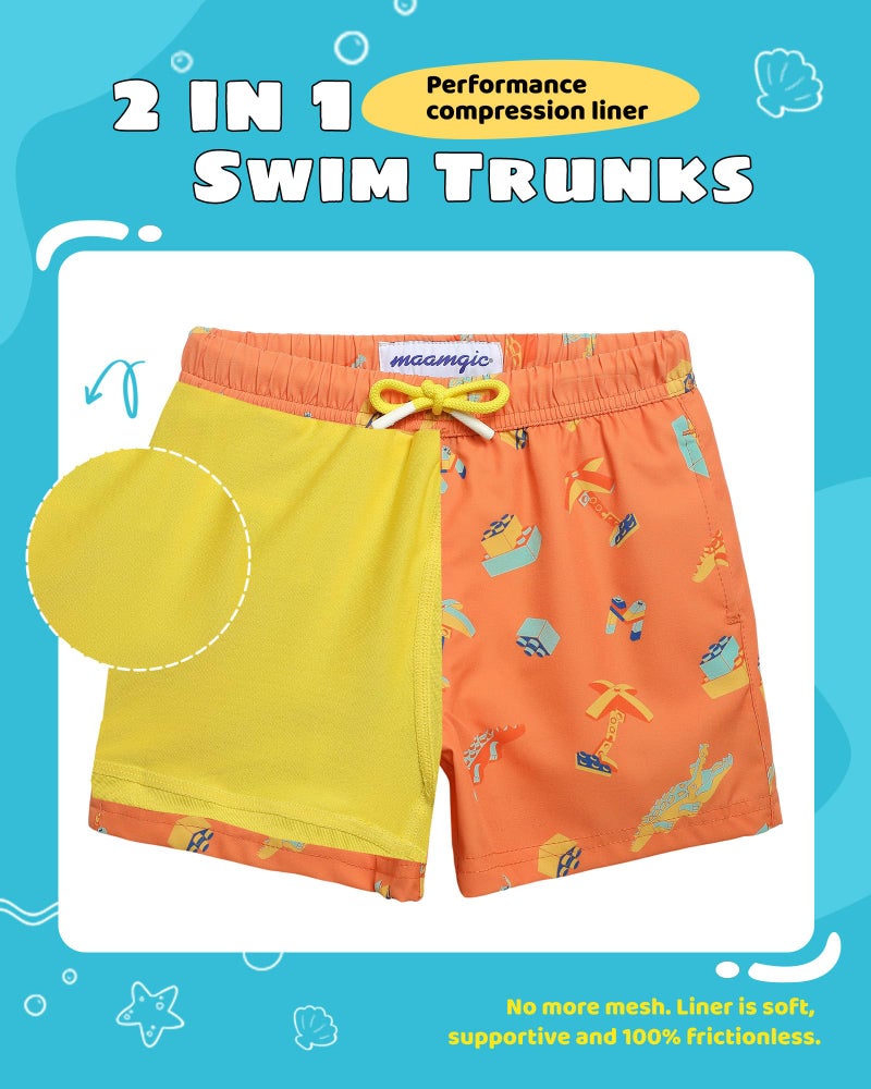 maamgic Boys Swim Trunks with Compression Liner Toddler Stretch Swim Shorts Quick Dry Swimming Trunks Boxer Brief 2 in 1 Beach Shorts Orange Blocks 10/12 - Image 3