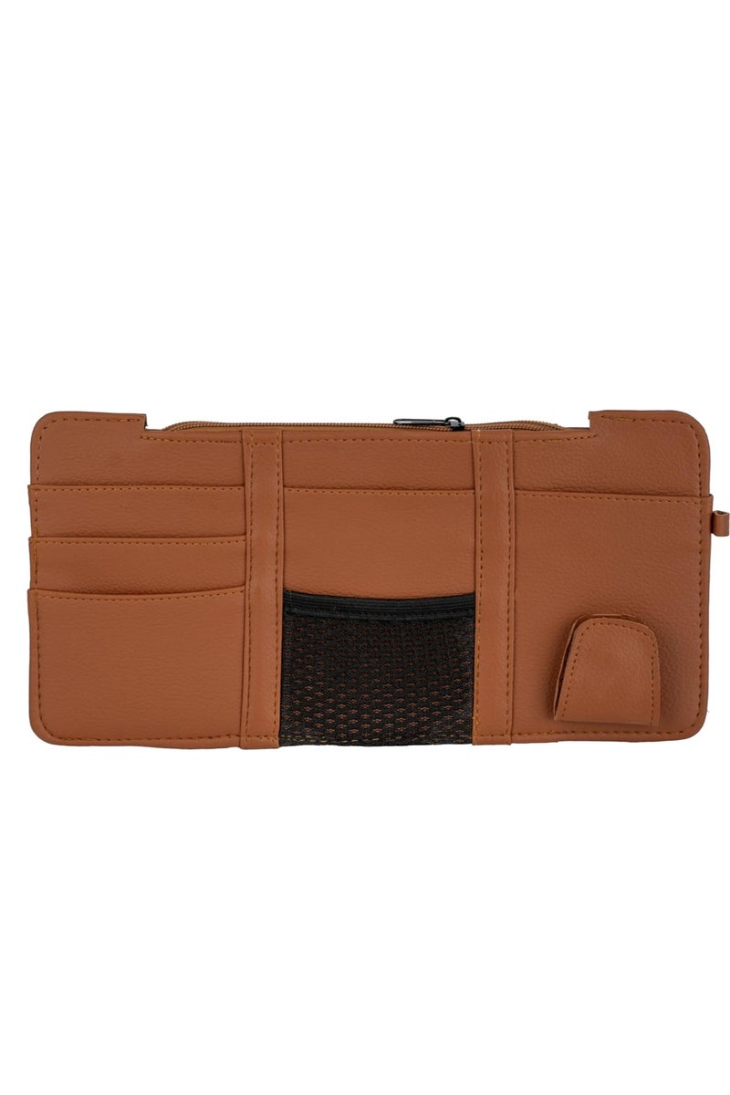 منظم واقي الشمس من الجلد للسيارة - مساحة تخزين واقي الشمس من الجلد الصناعي مع فتحات للبطاقات، وجيب شبكي، ومشبك مغناطيسي للنظارات الشمسية، وحامل أقلام - مناسب لجميع أنواع السيارات وسيارات الدفع الرباعي (بني) - Image 1