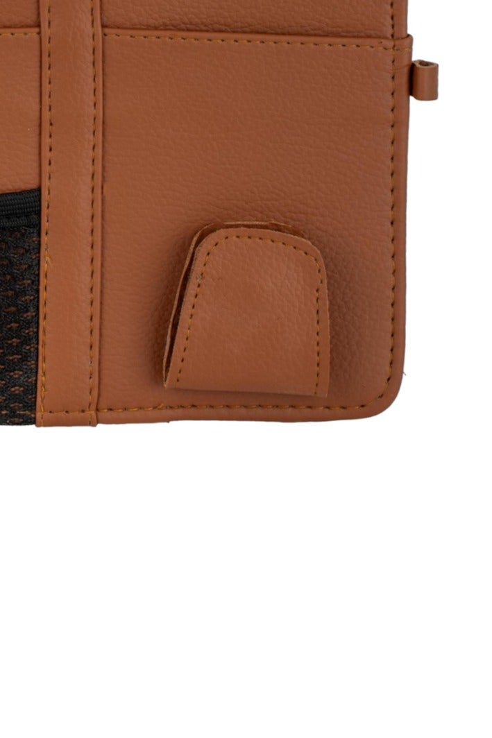 منظم واقي الشمس من الجلد للسيارة - مساحة تخزين واقي الشمس من الجلد الصناعي مع فتحات للبطاقات، وجيب شبكي، ومشبك مغناطيسي للنظارات الشمسية، وحامل أقلام - مناسب لجميع أنواع السيارات وسيارات الدفع الرباعي (بني) - Image 4