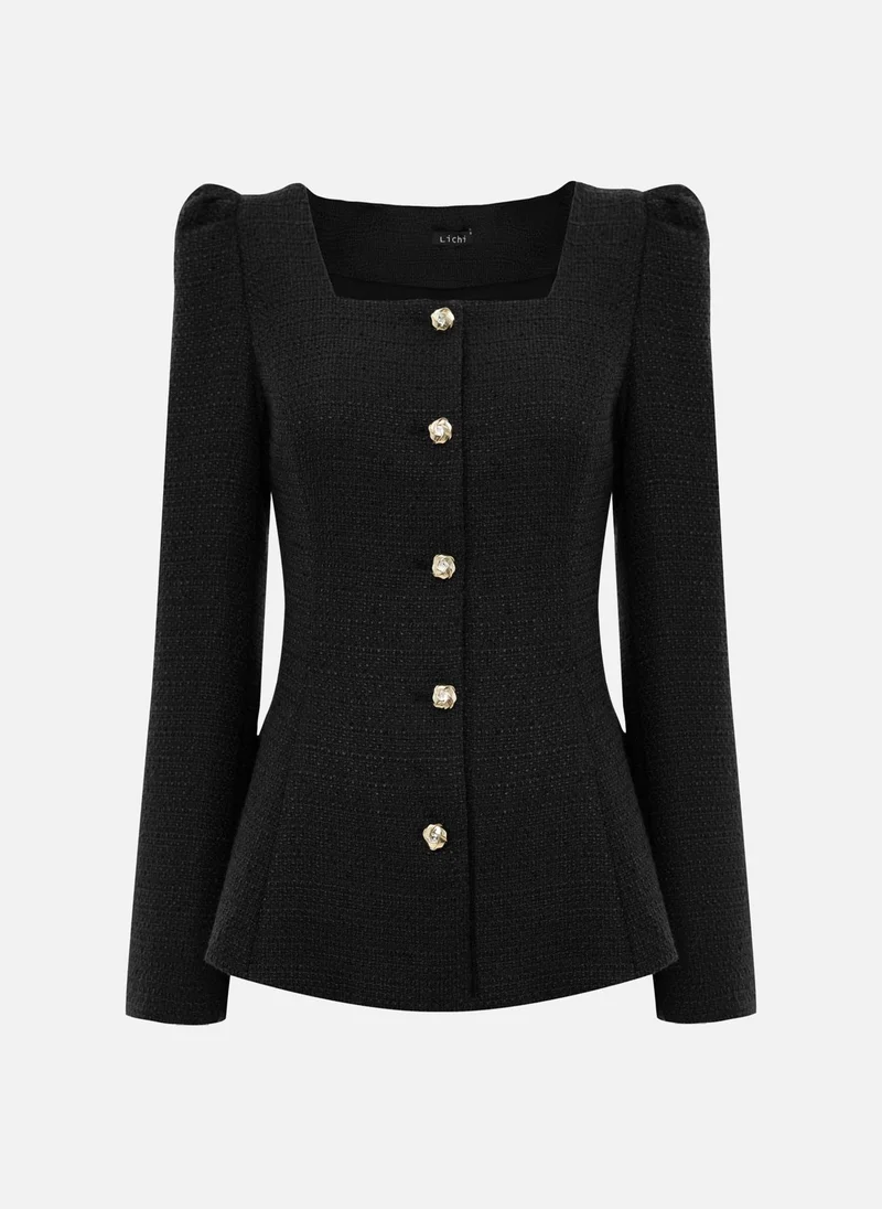 ليتشي سترة تويد بياقة مربعة وأزرار ذهبية