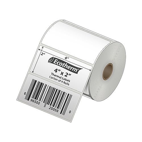 Ecotherm 4" x 2" Thermal Labels | 4 Rolls | 3040 Labels | fits Zebra, Munbyn, Rollo, Godex, Arkscan, iDPRT, Offnova Thermal Label Printers and More | Blank White Adhesive Stickers by Ecotherm - Image 2