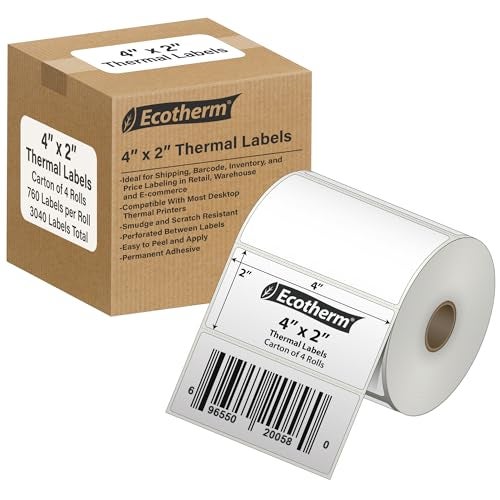 Ecotherm 4" x 2" Thermal Labels | 4 Rolls | 3040 Labels | fits Zebra, Munbyn, Rollo, Godex, Arkscan, iDPRT, Offnova Thermal Label Printers and More | Blank White Adhesive Stickers by Ecotherm - Image 1