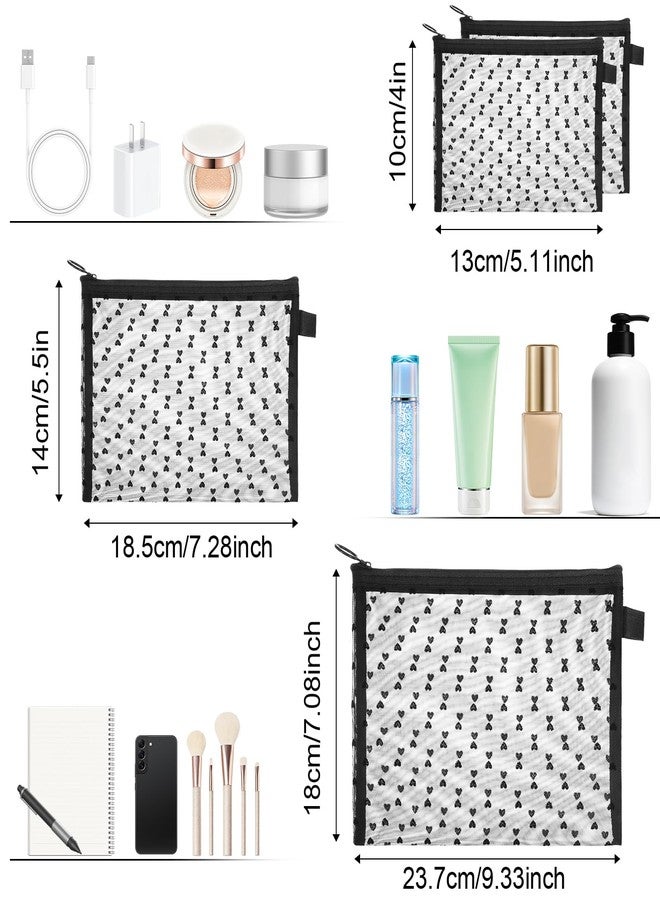 APLZGMG 4 Pcs Mesh Makeup Bag Set with Zipper, Heart Printed Mini Cosmetic Bag, 3 Sizes Black Mesh Pouch, Portable Mini Zipper Pouch for Travel Home Offices Purse Organization - Image 2