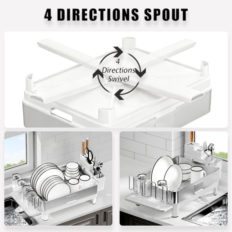 Ewaiira Dish Drying Rack, 304 Stainless Steel Dish Racks for Kitchen Counter, Dish Drainers with Automatic Drainage, Utensil Holder & Cups Holder, Space Saving Kitchen Organizer, White - Image 4