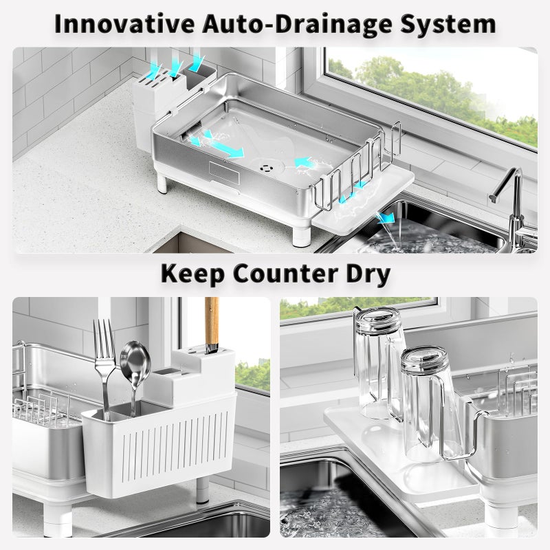 Ewaiira Dish Drying Rack, 304 Stainless Steel Dish Racks for Kitchen Counter, Dish Drainers with Automatic Drainage, Utensil Holder & Cups Holder, Space Saving Kitchen Organizer, White - Image 5