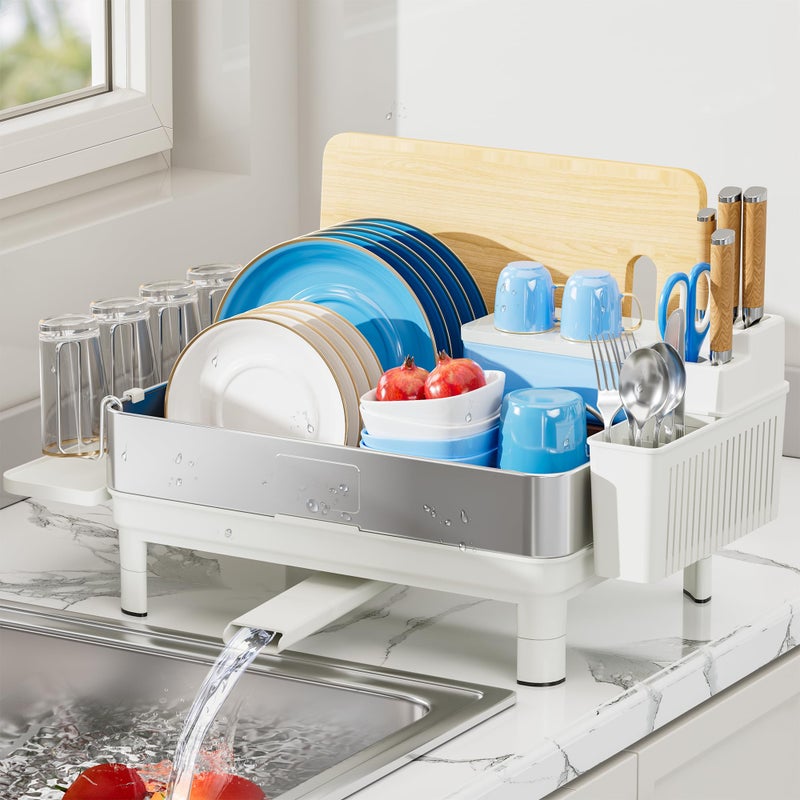 Ewaiira Dish Drying Rack, 304 Stainless Steel Dish Racks for Kitchen Counter, Dish Drainers with Automatic Drainage, Utensil Holder & Cups Holder, Space Saving Kitchen Organizer, White - Image 1