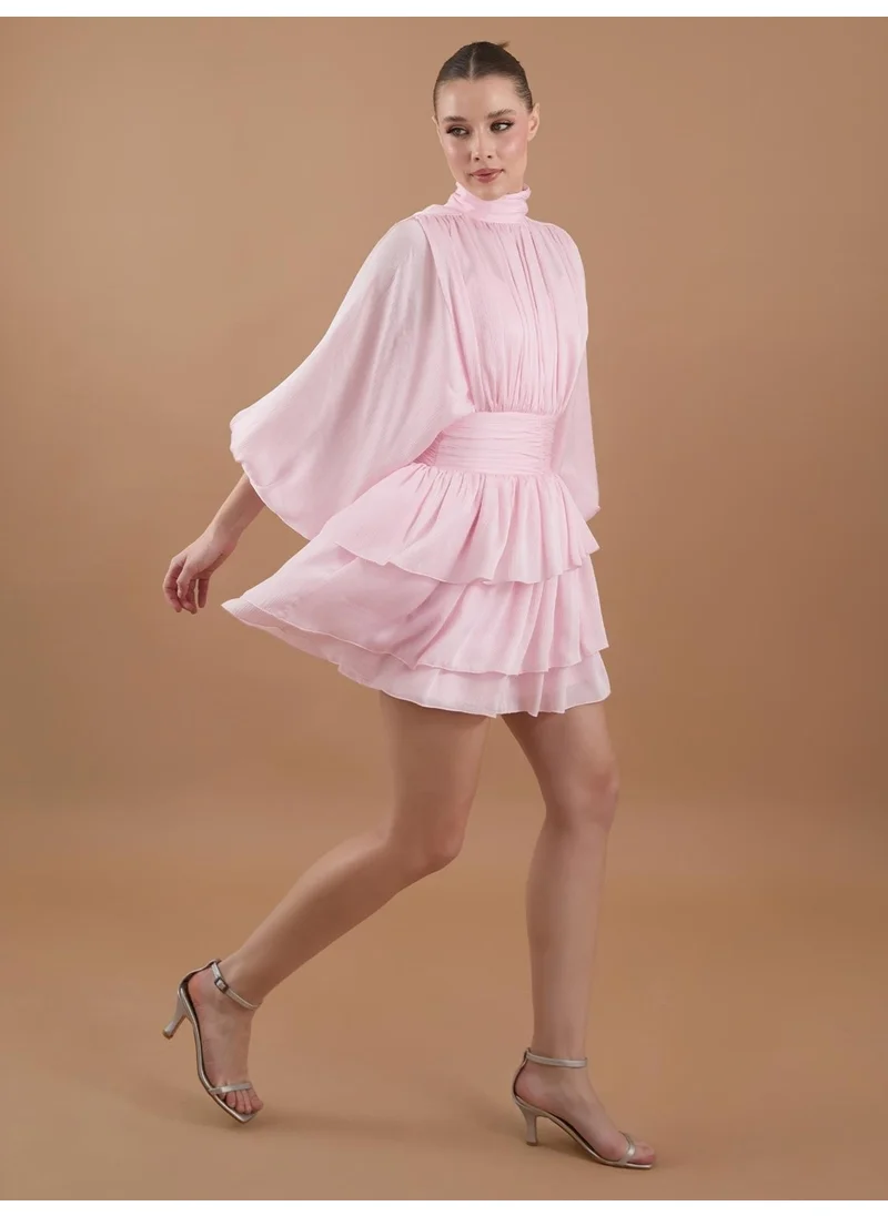 Juste Draped Chiffon Turtleneck Mini Dress Pink