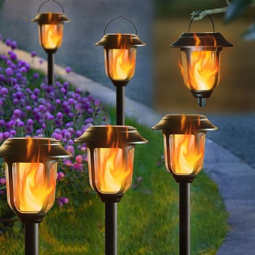Dynaming Dual Use Solar Flame Lights Outdoor 6 Pack, Solar Flickering Flame Pathway Lights, Hanging Lantern Light, Auto On/Off & Waterproof for Garden Lawn Patio Yard Walkway Deck Driveway - Image 1