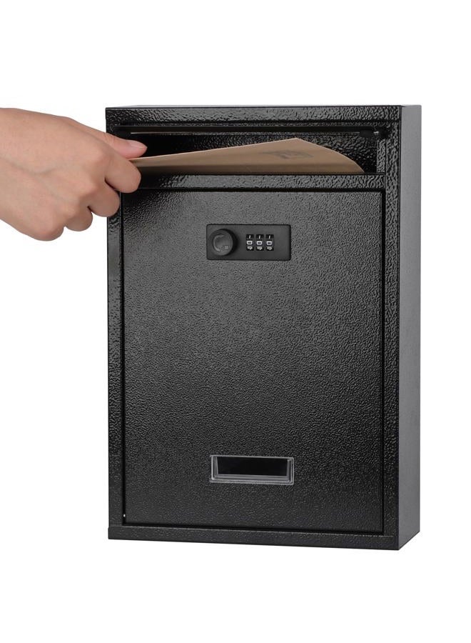 KYODOLED Locking Wall Mount Mailbox, Mail Boxes with Combination Lock for Outside, Security Cash Key Letter Drop Box with Code for House Office School,12.4H x 8.54L x 3.35W Inches, Black - Image 1