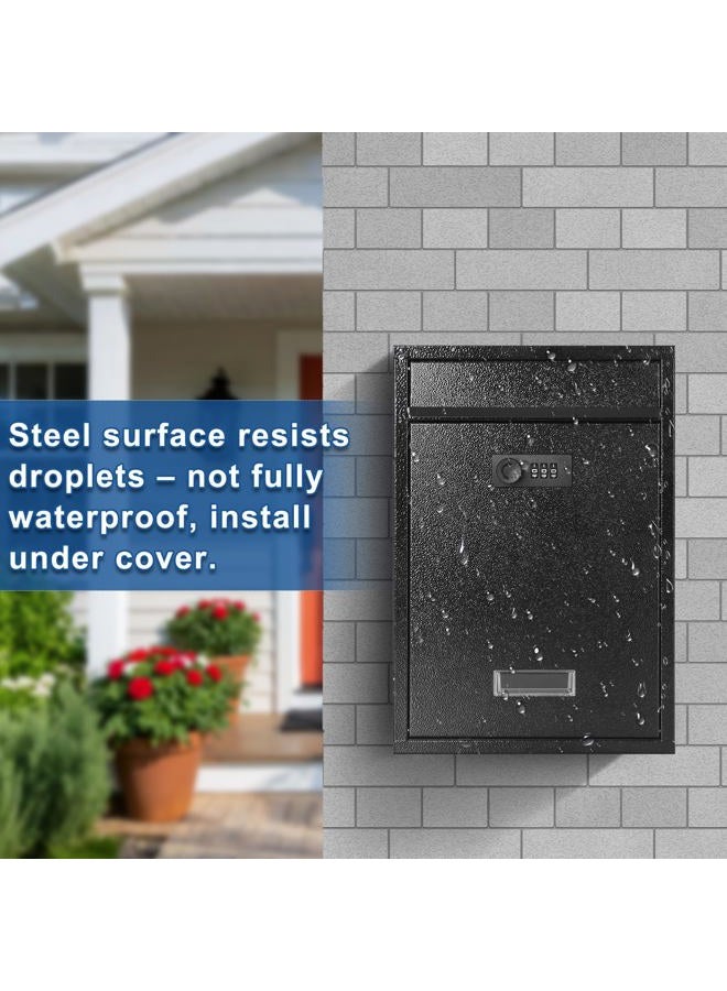 KYODOLED Locking Wall Mount Mailbox, Mail Boxes with Combination Lock for Outside, Security Cash Key Letter Drop Box with Code for House Office School,12.4H x 8.54L x 3.35W Inches, Black - Image 3