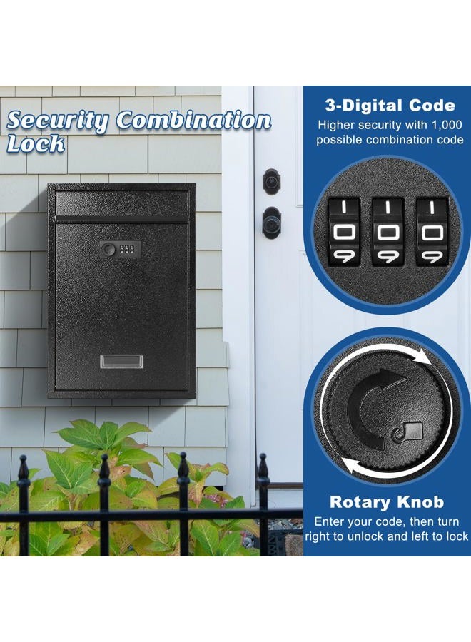 KYODOLED Locking Wall Mount Mailbox, Mail Boxes with Combination Lock for Outside, Security Cash Key Letter Drop Box with Code for House Office School,12.4H x 8.54L x 3.35W Inches, Black - Image 5