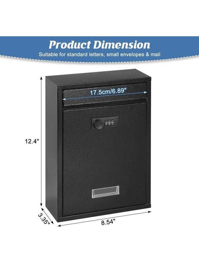 KYODOLED Locking Wall Mount Mailbox, Mail Boxes with Combination Lock for Outside, Security Cash Key Letter Drop Box with Code for House Office School,12.4H x 8.54L x 3.35W Inches, Black - Image 2
