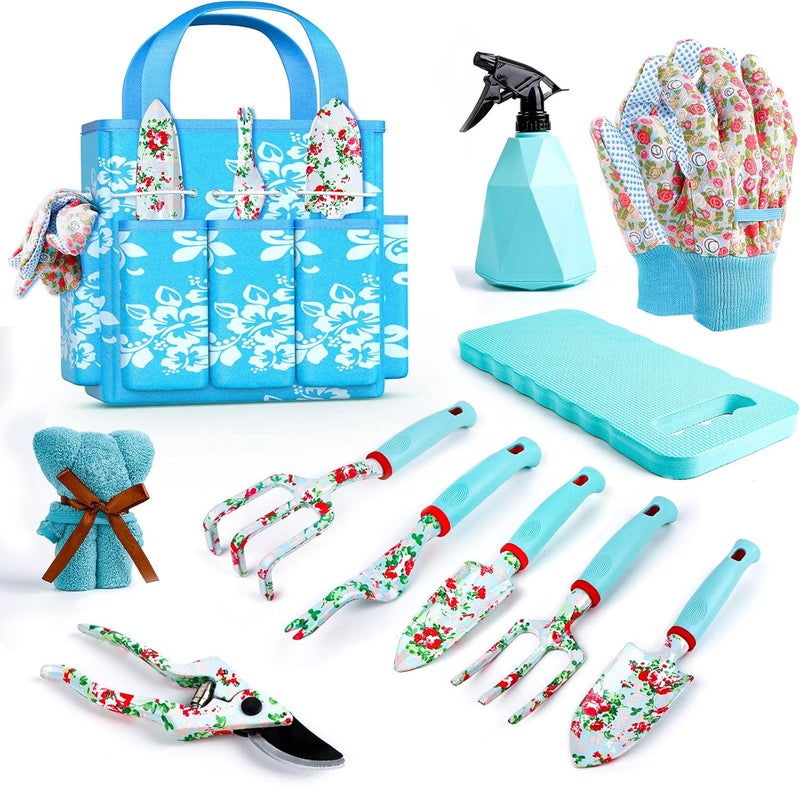 JUMPHIGH Floral Garden Tools Set, 11 PCS Heavy Duty Gardening Tools Includes Hand Trowel Rake Weeder Pruner Sprayer, Gardening Gifts for Women, Garden Kit with Storage Tote Bag and Garden Gloves - Image 1