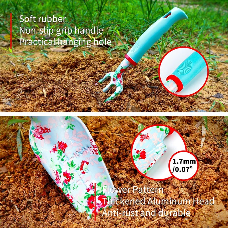 JUMPHIGH Floral Garden Tools Set, 11 PCS Heavy Duty Gardening Tools Includes Hand Trowel Rake Weeder Pruner Sprayer, Gardening Gifts for Women, Garden Kit with Storage Tote Bag and Garden Gloves - Image 3
