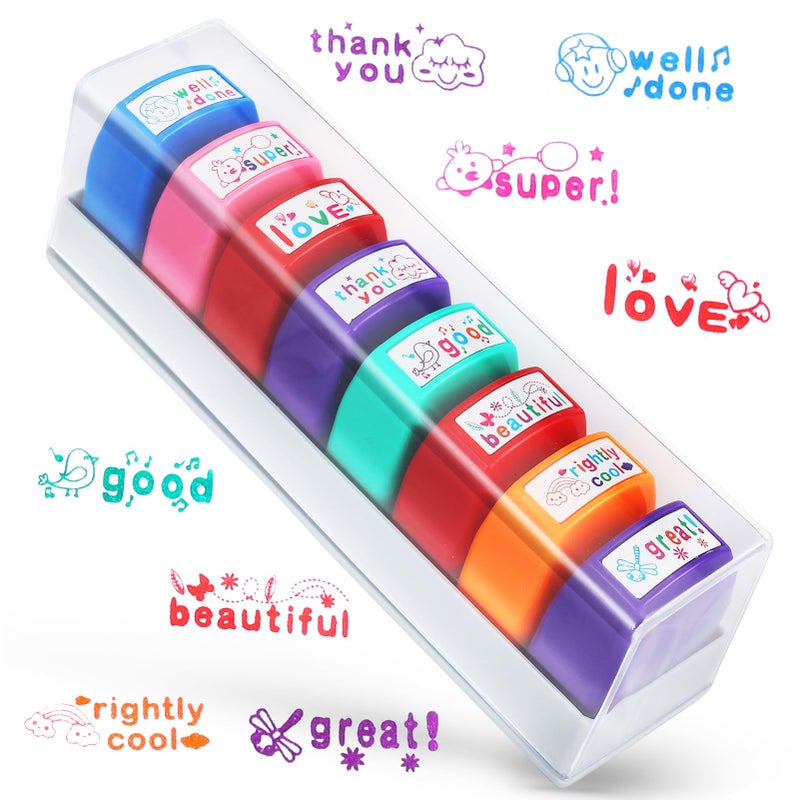 Tmtains 8Pcs Teacher Stamps for Grading Classroom Teacher Supplies Selfinking Motivational Encouraging Comments Colorful Stamp Set for Parent Signature School Teacher Review Homework Reward with Tray