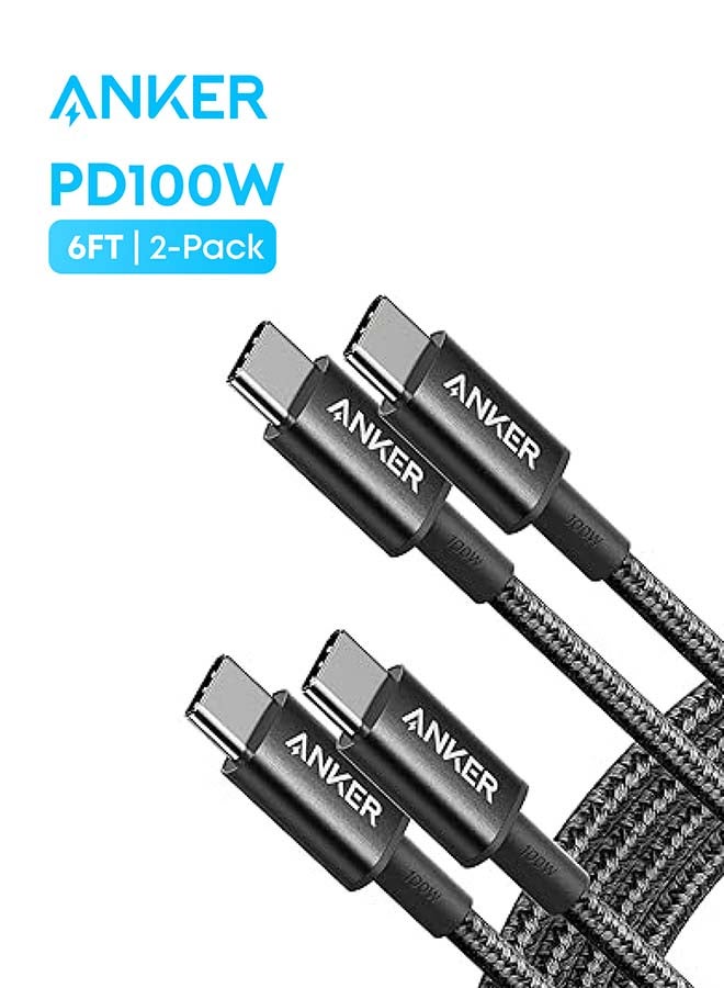 كابل USB C إلى USB C (6 أقدام، عبوة 2)، سلك شاحن نوع C 100 واط للشحن السريع لجهاز iPhone 17/16، MacBook Pro 2020، Pixel والمزيد (USB 2.0، أسود) - Image 1