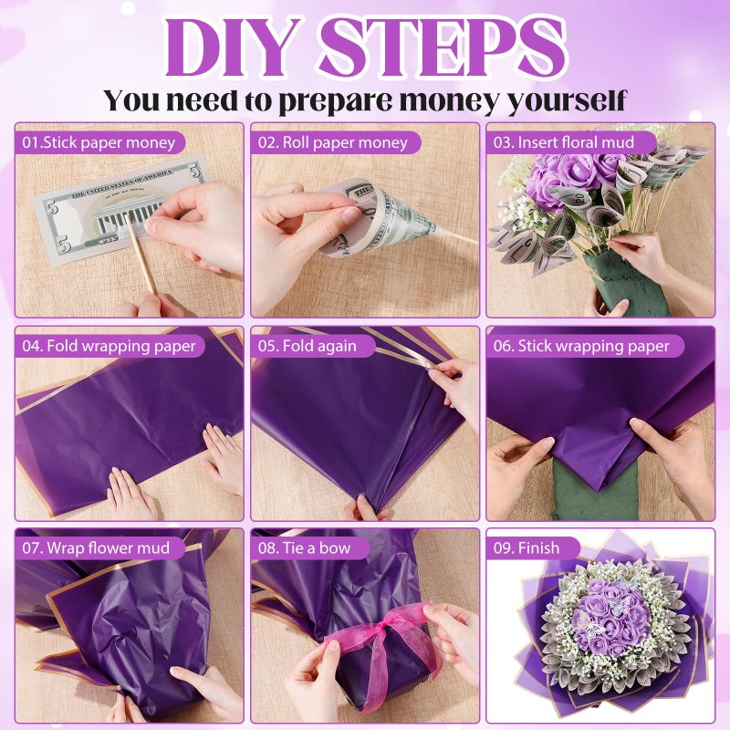 Marspark Valentines Day Money Bouquet Flower Kit Gift Included 20 Sheet Flower Wrapping Paper 36 Fake Flowers 100 Bamboo Skewer Floral Foam Block for Anniversary Birthday Wedding(Purple,Classic) - Image 3