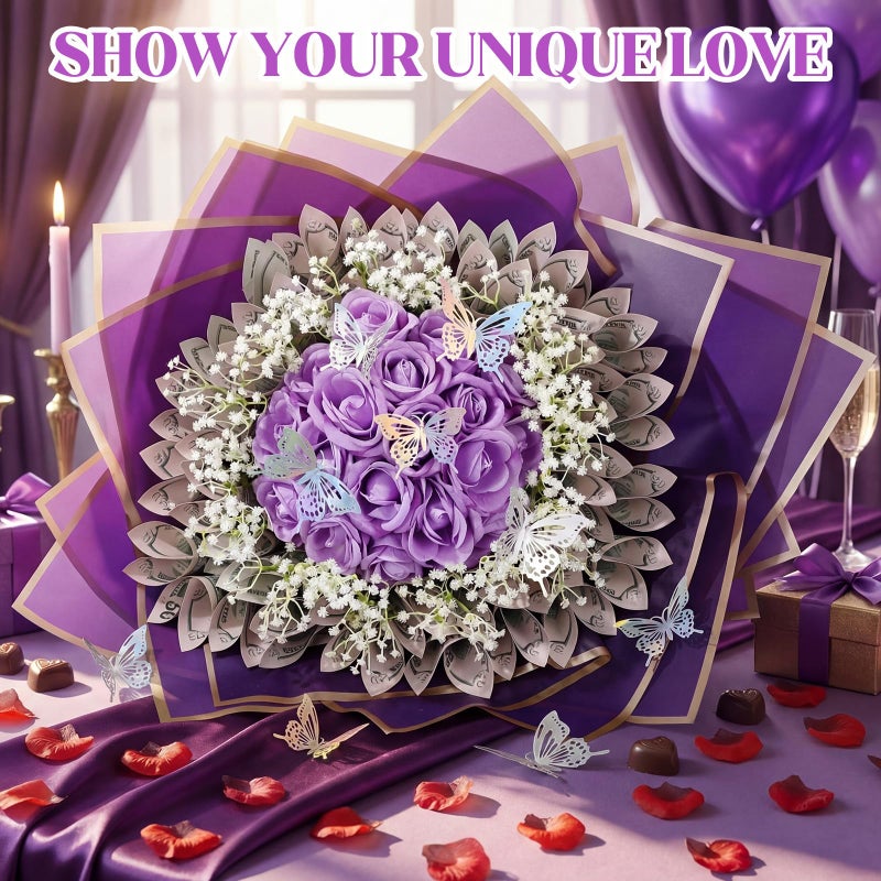 Marspark Valentines Day Money Bouquet Flower Kit Gift Included 20 Sheet Flower Wrapping Paper 36 Fake Flowers 100 Bamboo Skewer Floral Foam Block for Anniversary Birthday Wedding(Purple,Classic) - Image 4