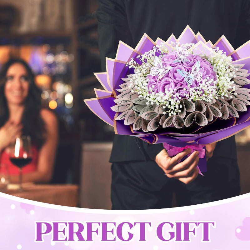Marspark Valentines Day Money Bouquet Flower Kit Gift Included 20 Sheet Flower Wrapping Paper 36 Fake Flowers 100 Bamboo Skewer Floral Foam Block for Anniversary Birthday Wedding(Purple,Classic) - Image 5