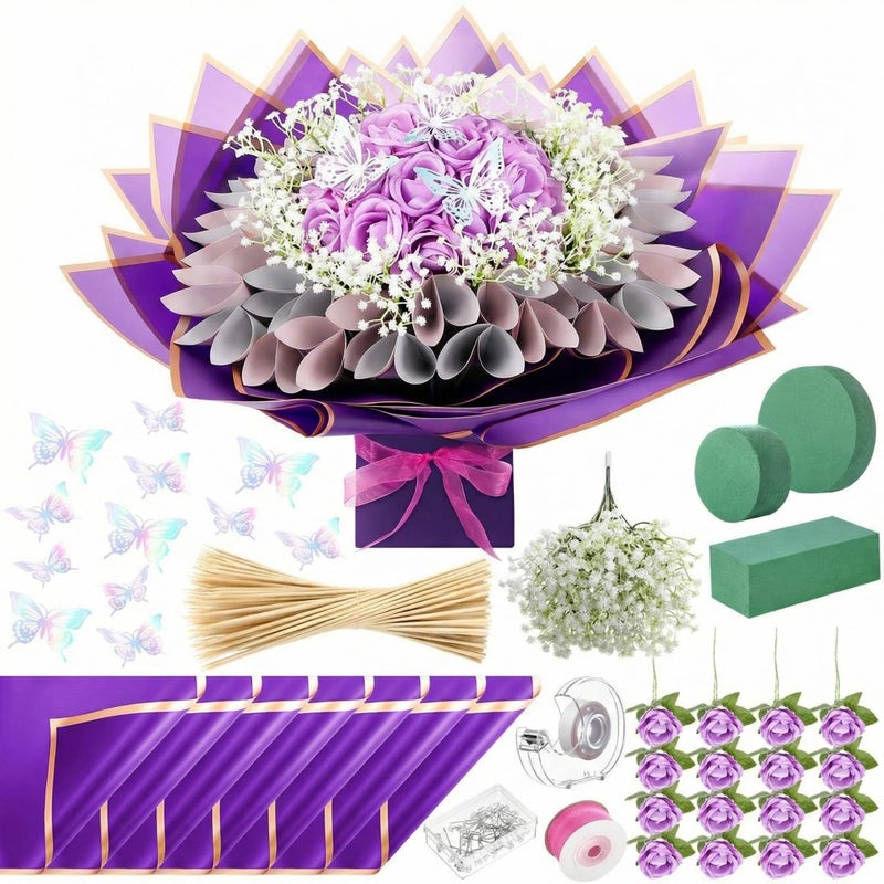 Marspark Valentines Day Money Bouquet Flower Kit Gift Included 20 Sheet Flower Wrapping Paper 36 Fake Flowers 100 Bamboo Skewer Floral Foam Block for Anniversary Birthday Wedding(Purple,Classic) - Image 1