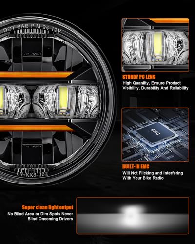 AUDEXEN 5.75" LED Headlight for Harley, Amber Signals & White DRL Round 5.75 Inch Motorcycle Headlight Compatible with Dyna Sportster Softail Iron 883 Street Bob Street Rod Super Wide Glide, Black - Image 5