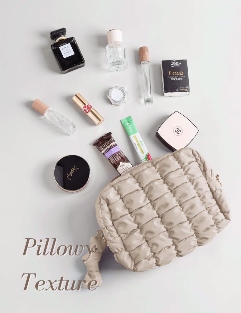 Yarnic Quilted Makeup Bag Cosmetic Bag  Travel Toiletry Bag For Women  Cute Makeup Bag Organizer Puffer Makeup Pouch (M  Beige) - Image 3