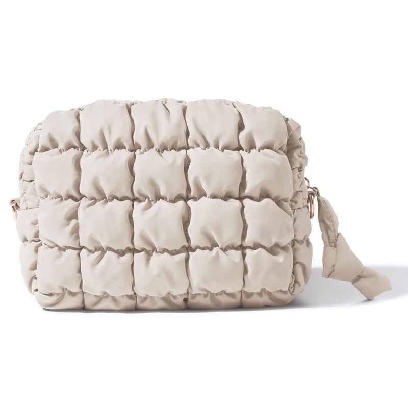 Yarnic Quilted Makeup Bag Cosmetic Bag  Travel Toiletry Bag For Women  Cute Makeup Bag Organizer Puffer Makeup Pouch (M  Beige) - Image 1