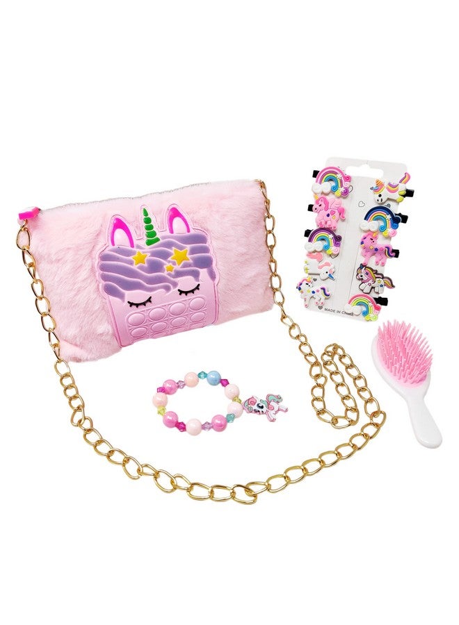 PARTEET Unicorn Fur Princess Cute Crossbody Handbags for Girls with 1 Unicorn Fur Purse, 1 Unicorn Comb, 1 Unicorn Bracelet & 10 Unicorn Clip for Kids (Pack of 4 Items) - Image 1