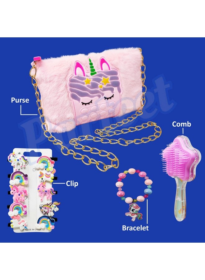 PARTEET Unicorn Fur Princess Cute Crossbody Handbags for Girls with 1 Unicorn Fur Purse, 1 Unicorn Comb, 1 Unicorn Bracelet & 10 Unicorn Clip for Kids (Pack of 4 Items) - Image 2