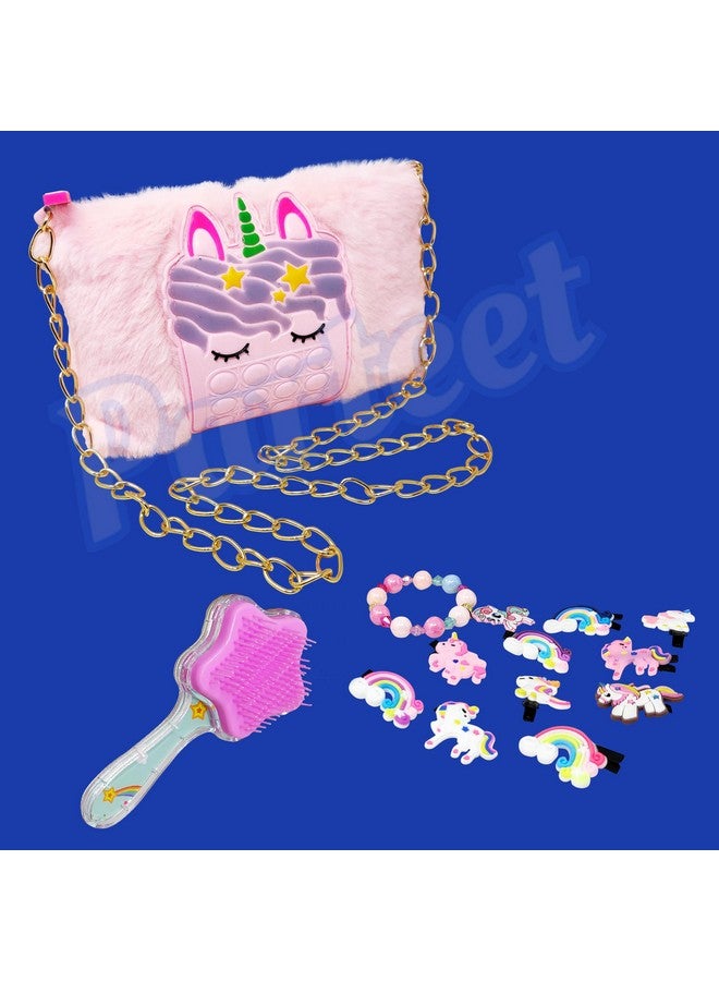 PARTEET Unicorn Fur Princess Cute Crossbody Handbags for Girls with 1 Unicorn Fur Purse, 1 Unicorn Comb, 1 Unicorn Bracelet & 10 Unicorn Clip for Kids (Pack of 4 Items) - Image 3