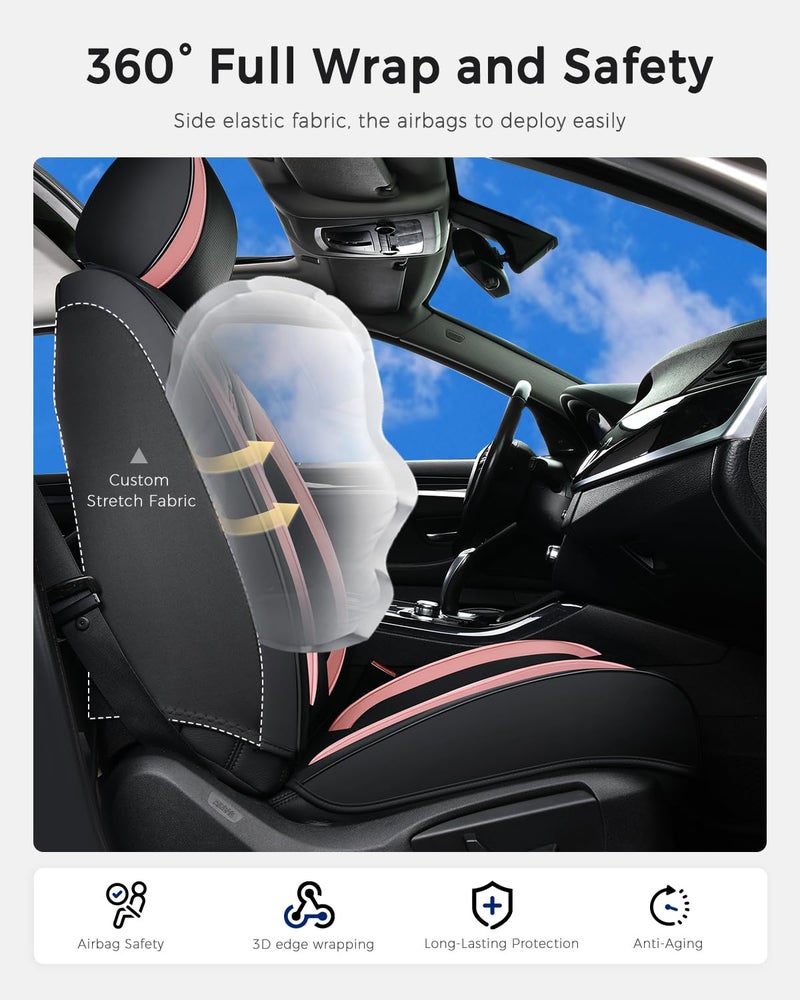 Huidasource Front Seat Cover, Nappa Leather Front Car Seat Covers with Lumbar Support, Ventilation Holes, Elastic Fabric, Airbag, Full-Coverage Seat Cover, Fit for Most Cars SUV Trucks, Blackï¼† Pink - Image 5
