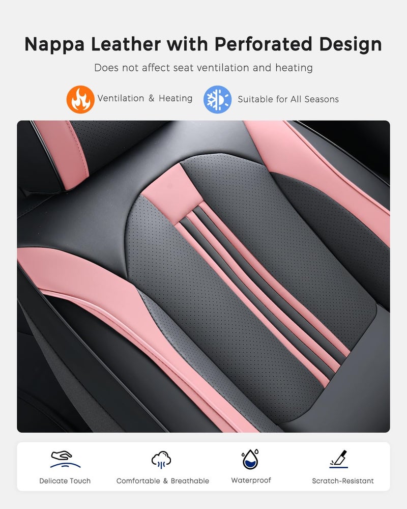 Huidasource Front Seat Cover, Nappa Leather Front Car Seat Covers with Lumbar Support, Ventilation Holes, Elastic Fabric, Airbag, Full-Coverage Seat Cover, Fit for Most Cars SUV Trucks, Blackï¼† Pink - Image 4