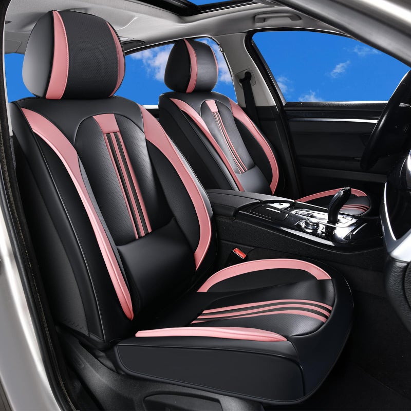 Huidasource Front Seat Cover, Nappa Leather Front Car Seat Covers with Lumbar Support, Ventilation Holes, Elastic Fabric, Airbag, Full-Coverage Seat Cover, Fit for Most Cars SUV Trucks, Blackï¼† Pink - Image 1