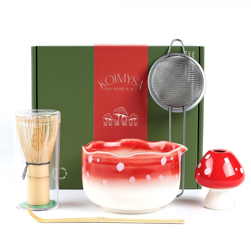 KOIMYSA Cute Matcha Set With Mushroom Design Bowl And Whisk Holder Unique Japanese Matcha Kit Gifts For Women Girls Friends Tea Lovers Red - Image 2