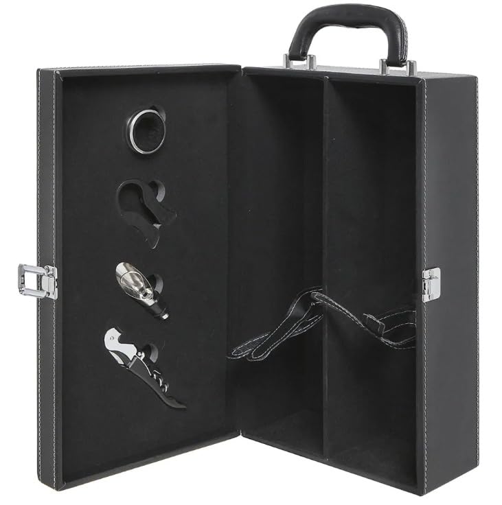 IKTU Wine Box 2 Bottle Empty Slots Leatherette Top Handle with 4 Wine Accessory Travel Wine Gift Box Premium Wine Carrier Case - Image 1