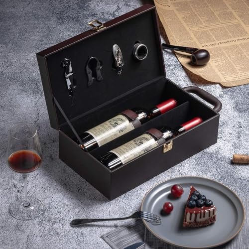 IKTU Wine Box 2 Bottle Empty Slots Leatherette Top Handle with 4 Wine Accessory Travel Wine Gift Box Premium Wine Carrier Case - Image 5