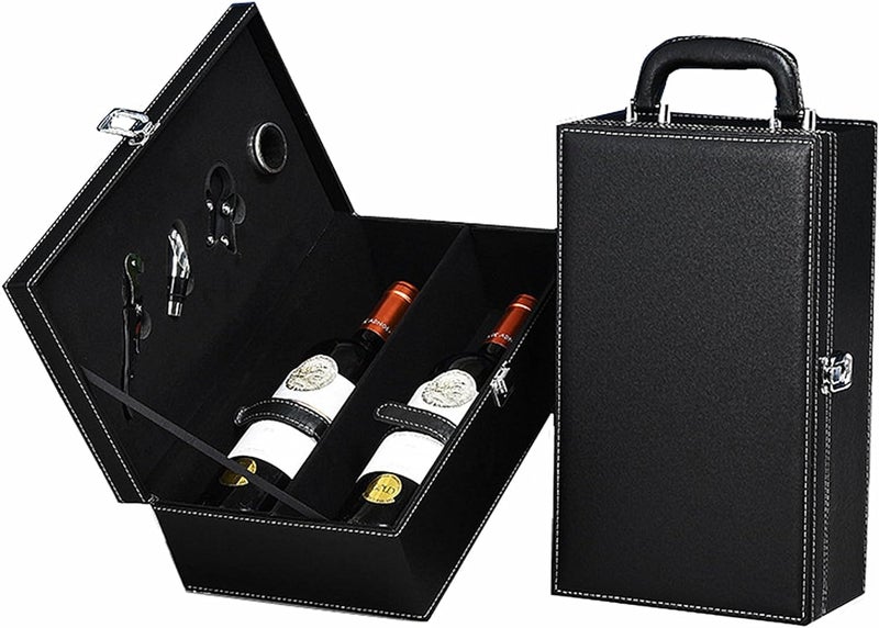 IKTU Wine Box 2 Bottle Empty Slots Leatherette Top Handle with 4 Wine Accessory Travel Wine Gift Box Premium Wine Carrier Case - Image 3