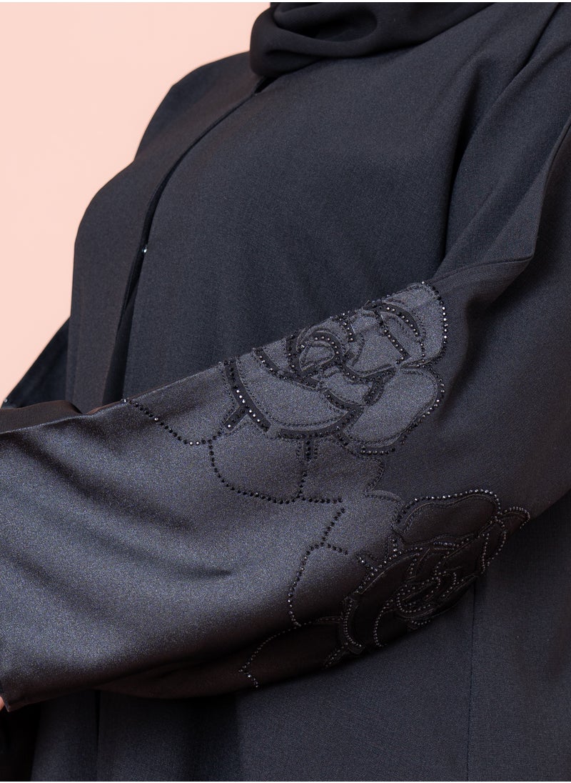IKKXA - Floral Design Abaya AIK053 Black - Image 1