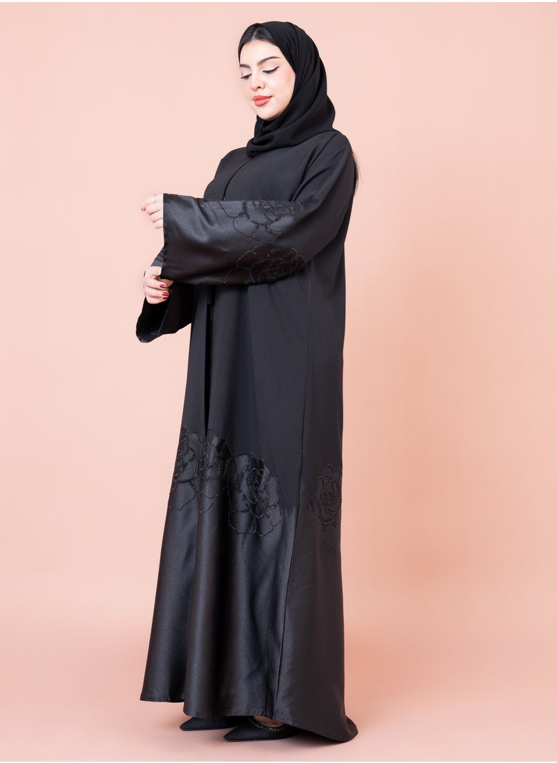 IKKXA - Floral Design Abaya AIK053 Black - Image 1