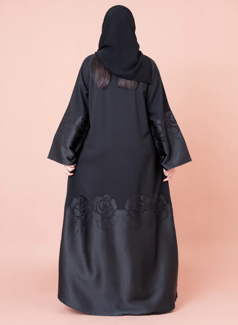 IKKXA Floral Design Abaya AIK053 Black