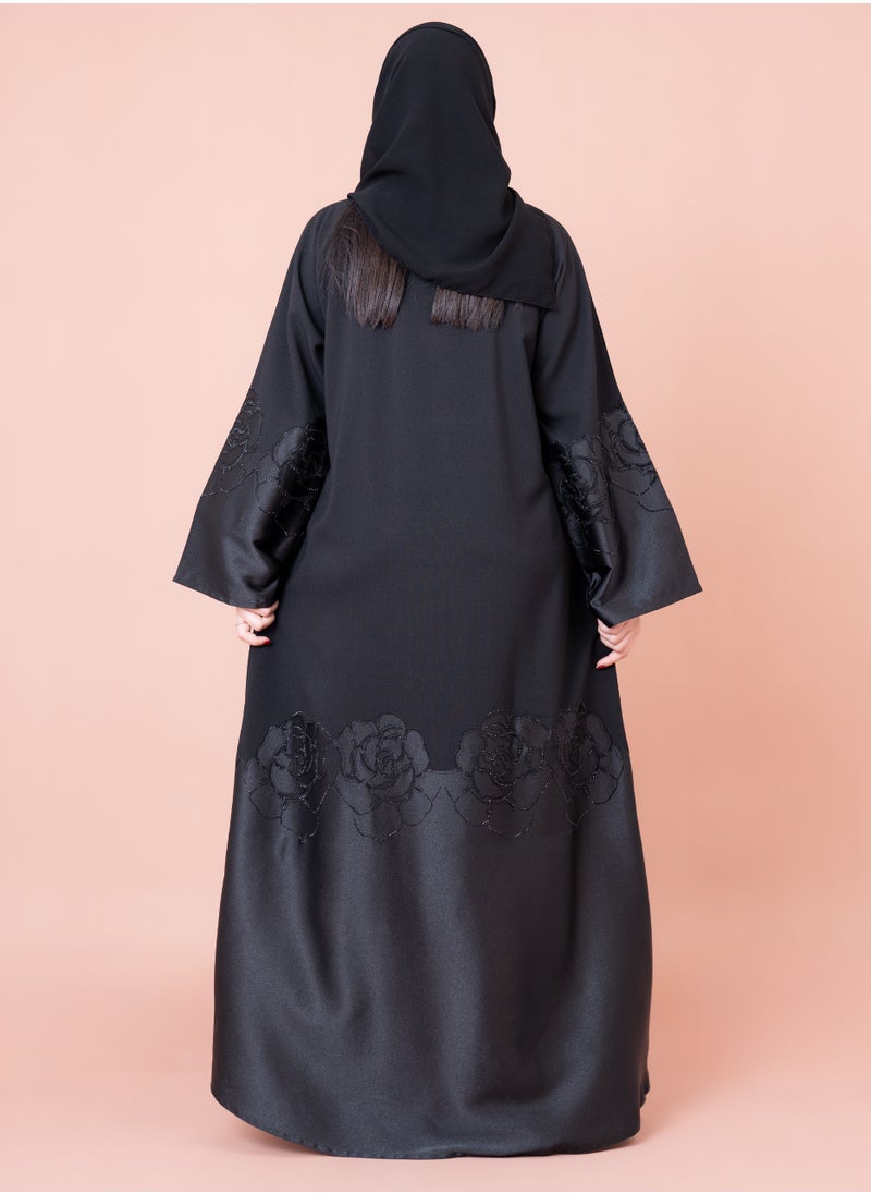 IKKXA - Floral Design Abaya AIK053 Black - Image 1