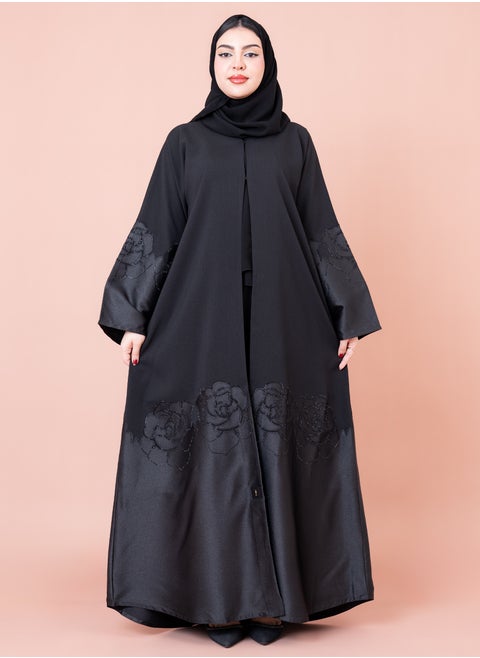 Floral Design Abaya AIK053 Black