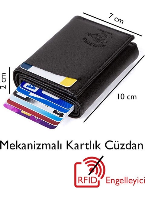 Men's Black Leather Mechanism Card Holder Wallet with Automatic Slide (7CMX10CM)