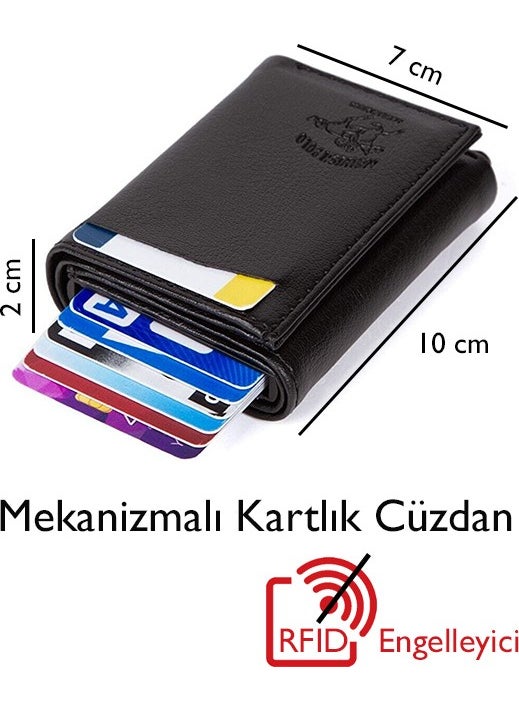 Adelina Men's Black Leather Mechanism Card Holder Wallet with Automatic Slide (7CMX10CM)  - Image 1