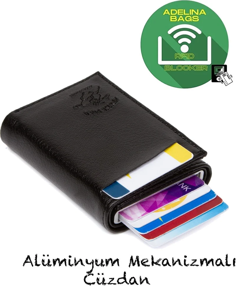 Adelina Men's Black Leather Mechanism Card Holder Wallet with Automatic Slide (7CMX10CM)