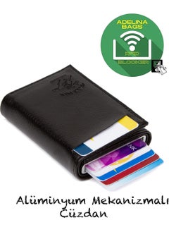 Adelina Men's Black Leather Mechanism Card Holder Wallet with Automatic Slide (7CMX10CM)  - Image 3