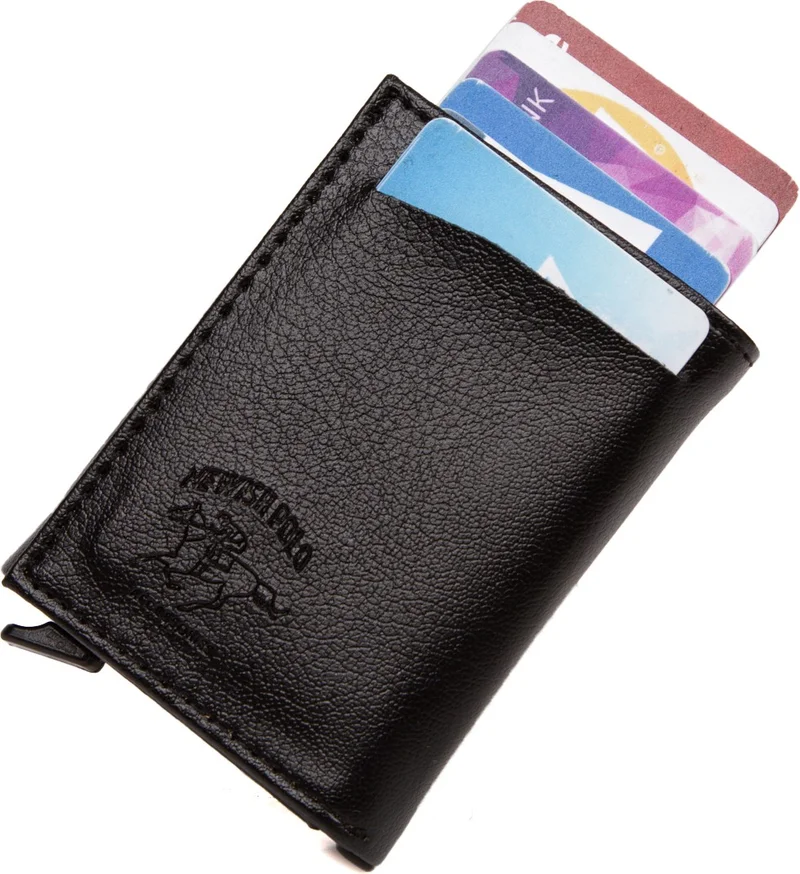 Adelina Men's Black Leather Mechanism Card Holder Wallet with Automatic Slide (7CMX10CM)