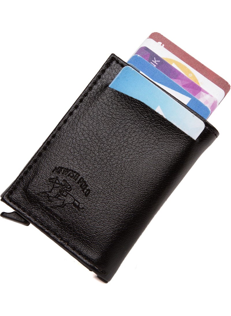 Adelina - Men's Black Leather Mechanism Card Holder Wallet with Automatic Slide (7CMX10CM) - Image 1